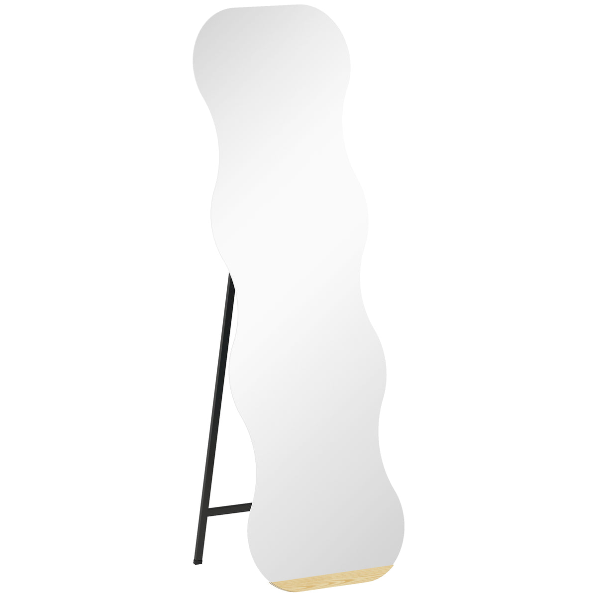 Full-length frameless mirror, wooden base, flexibly positionable, wave shape, black