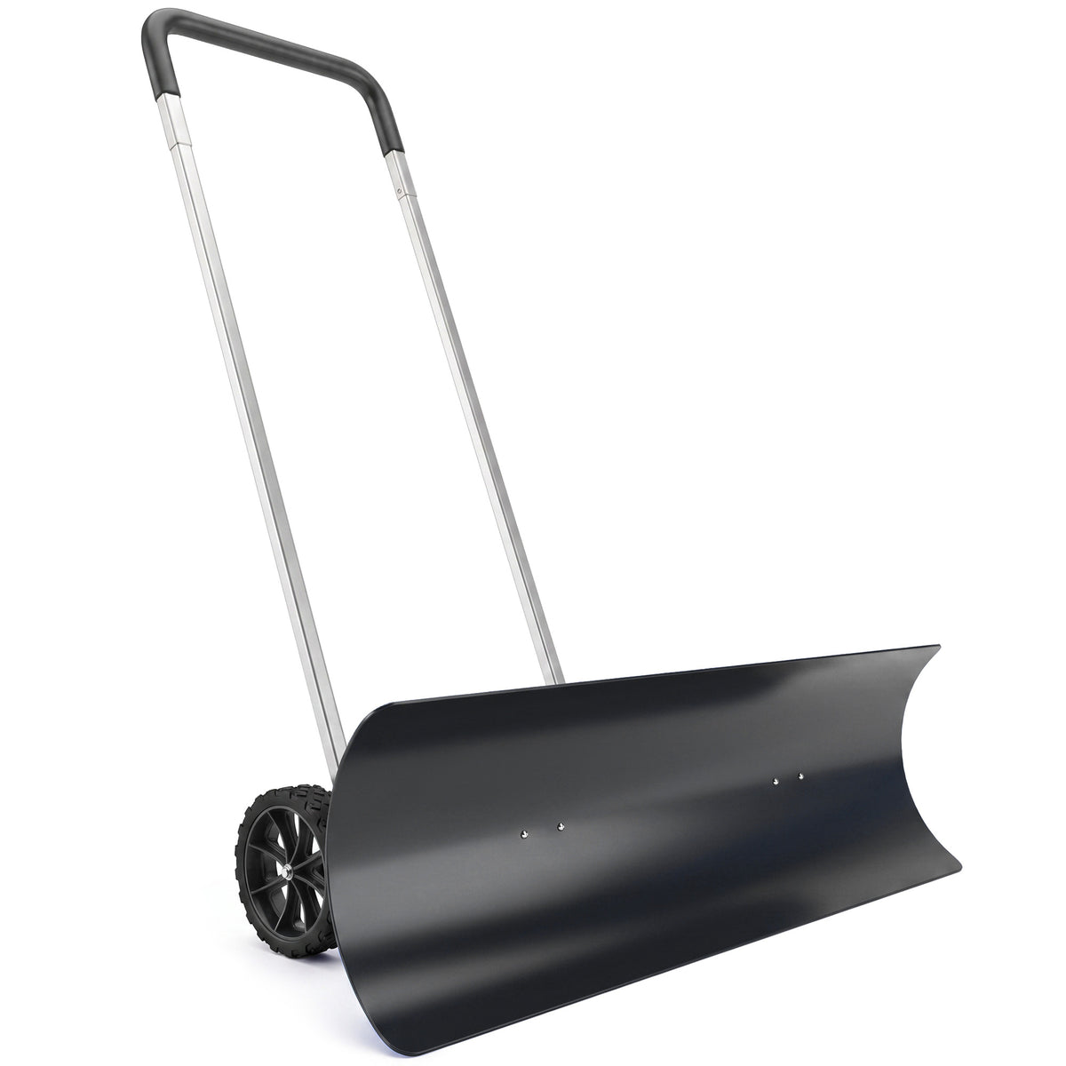Large snow pusher 95 cm extra wide aluminum snow shovel with wheels, adjustable & non-slip handle, angled
