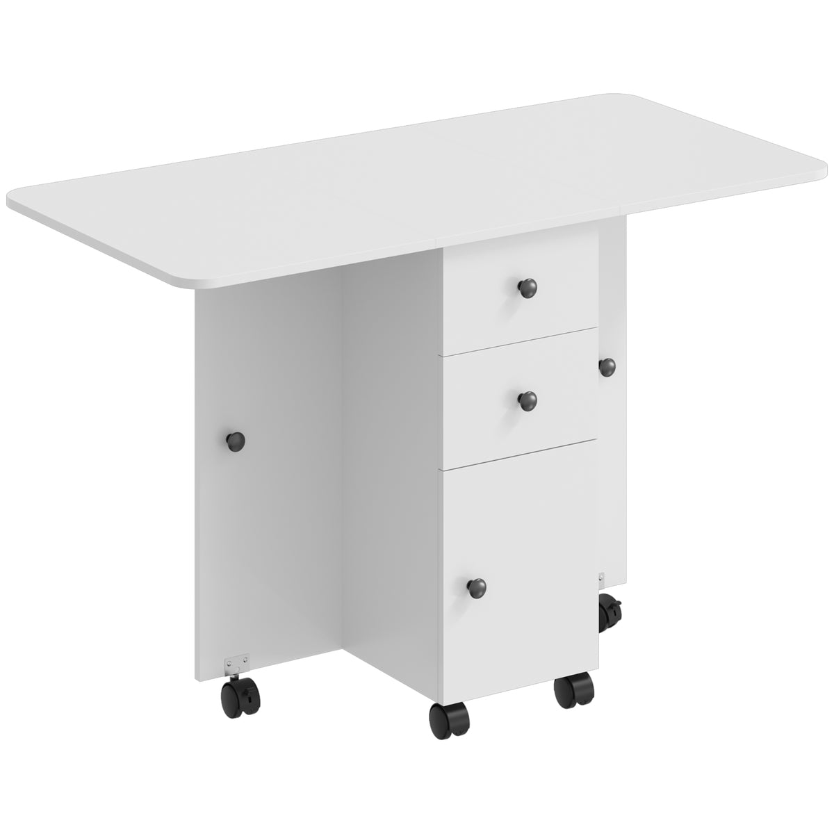 Foldable dining table, rollable kitchen table with drawers and cabinet, white