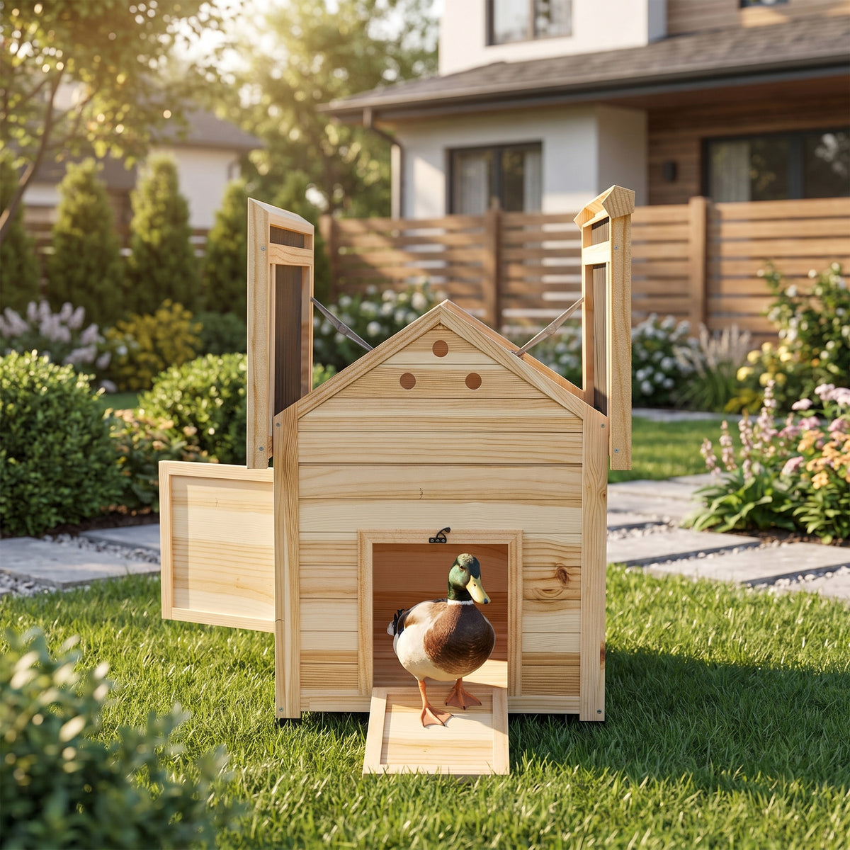 Duck house, duck coop, small animal hutch, weather-resistant, 2 entrances, 2 ramps, 78 x 90 x 92 cm, natural + (2)