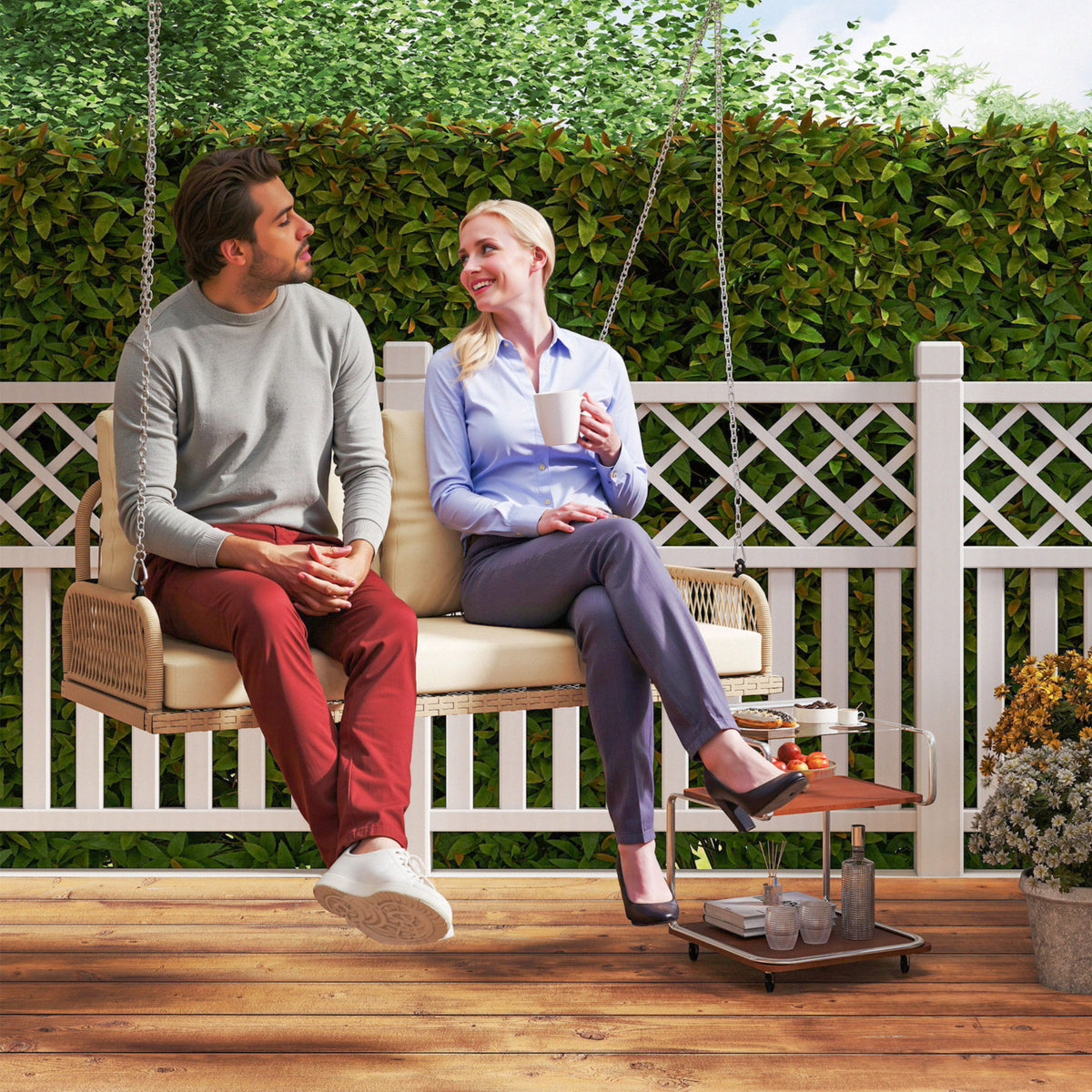 2-Seater Rattan Porch Swing with Cushions, Chains, up to 240 kg, 115 x 66 x 44 cm, Beige (2)