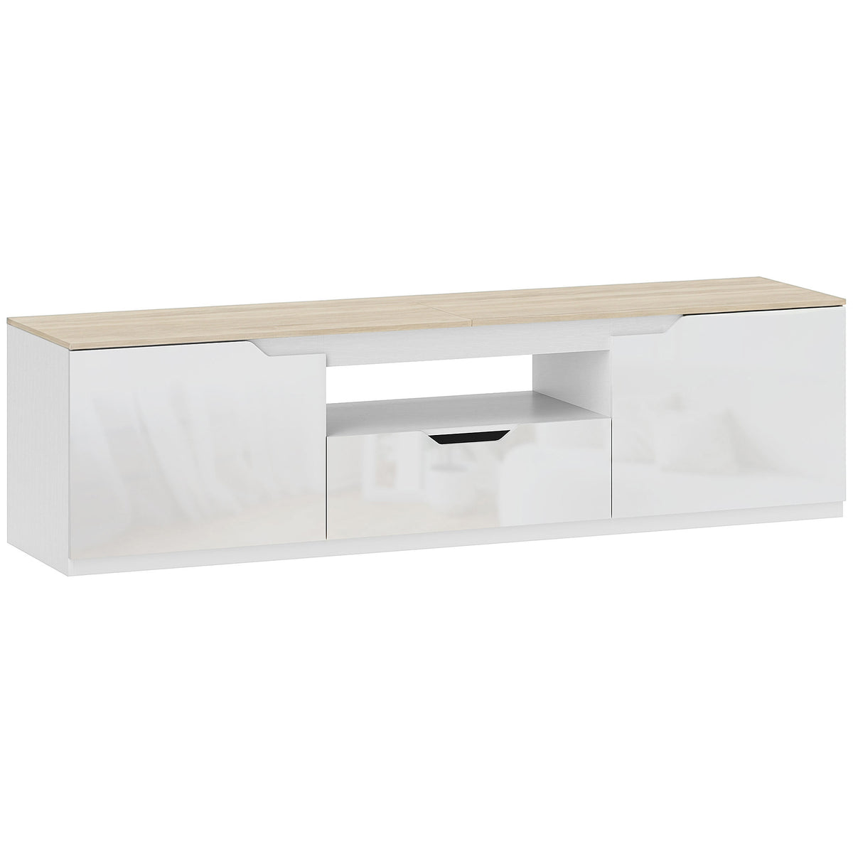 TV lowboard, high-gloss, for TVs up to 65'', 3 compartments, drawer, 160 x 38 x 43 cm, natural wood