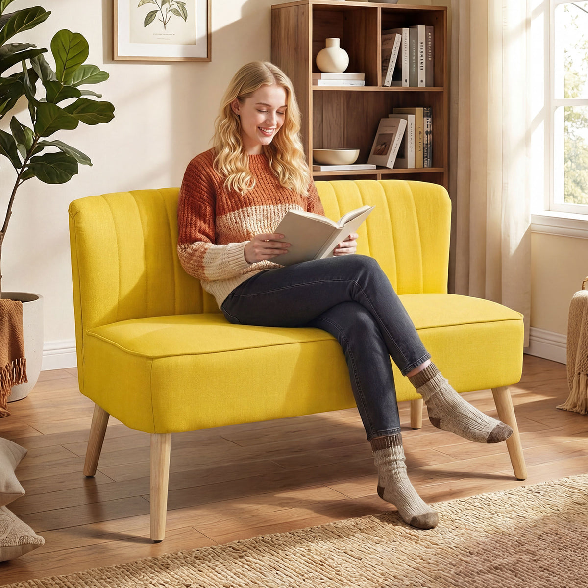 2-seater sofa, soft upholstery, easy-care cover, up to 220 kg, 117 x 56.5 x 77 cm, yellow (2)