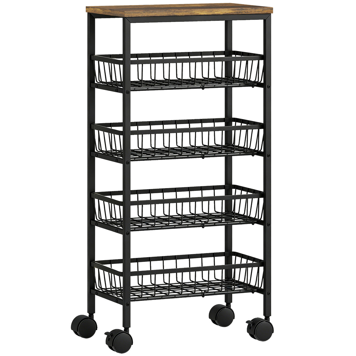 Serving trolley rolling cart with 4 tiers, kitchen cart with 4 pull-out baskets, storage trolley with wheels for