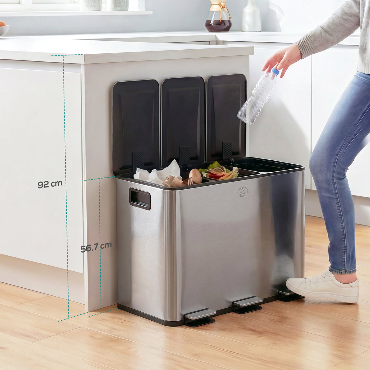 Waste bin with 3 x 20 L compartments, odor-proof lid, fingerprint-proof, soft-close, removable, silver (2)