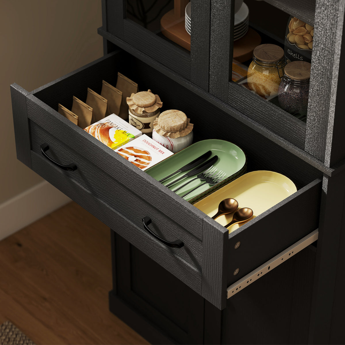 Kitchen cabinet, sideboard, acrylic front, drawers, 76 x 40 x 182.5 cm, black (9)
