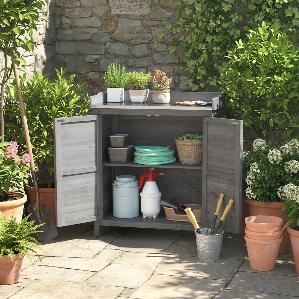 Garden cabinet with potting bench, wooden tool shed with galvanized worktop, 2 shelves, gray (2)