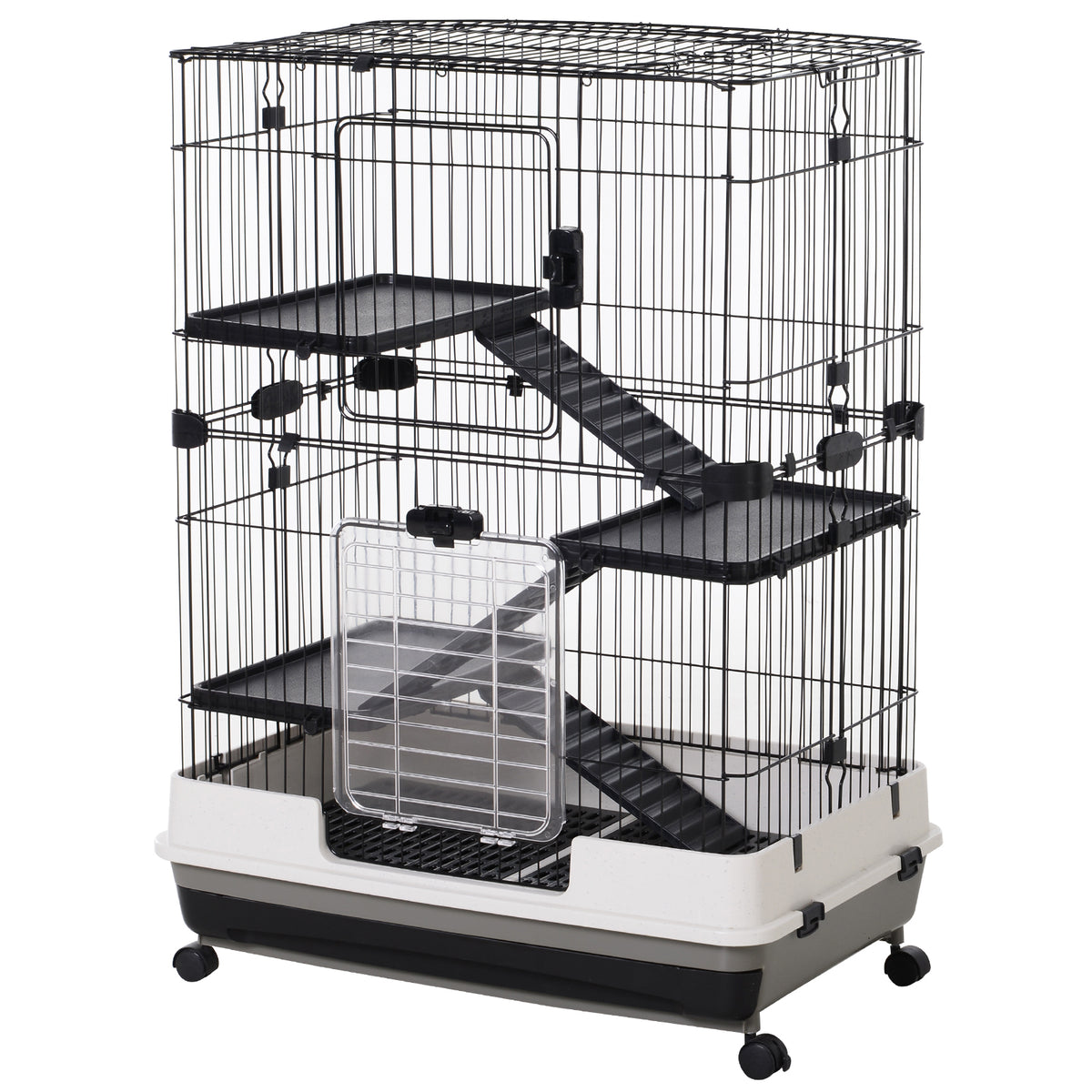 Small animal cage with 4 wheels, 3 openings, 2 platforms, metal, black, 81.2 cm x 52.7 cm x 110 cm