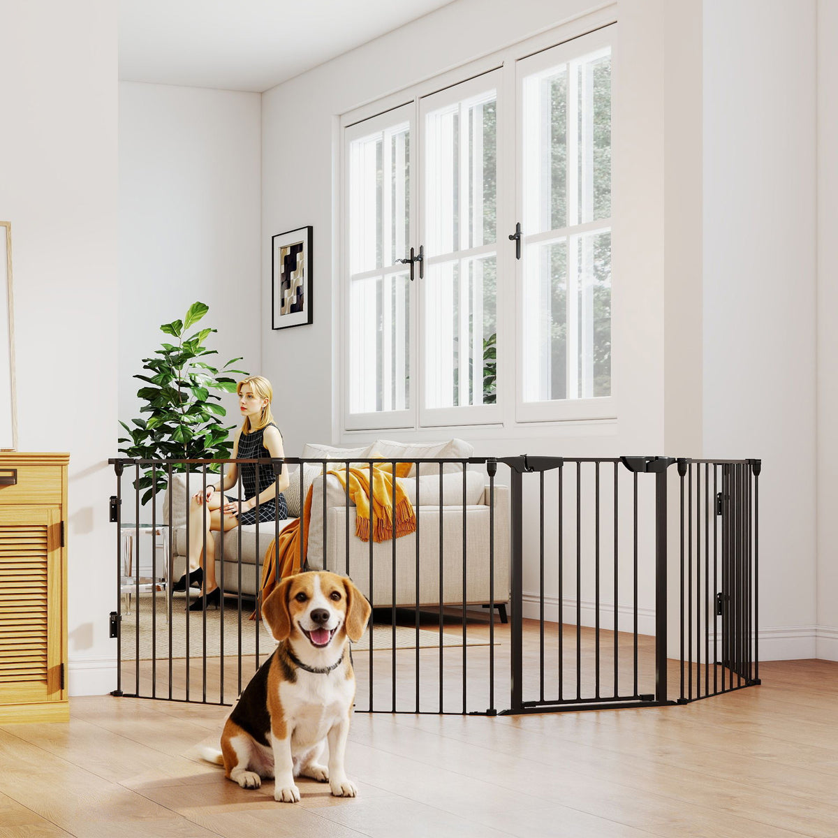 2-in-1 Barrier Gate, Pet Playpen, Safety Gate, Foldable, Metal, 300 x 3 x 74.5 cm, Black (2)