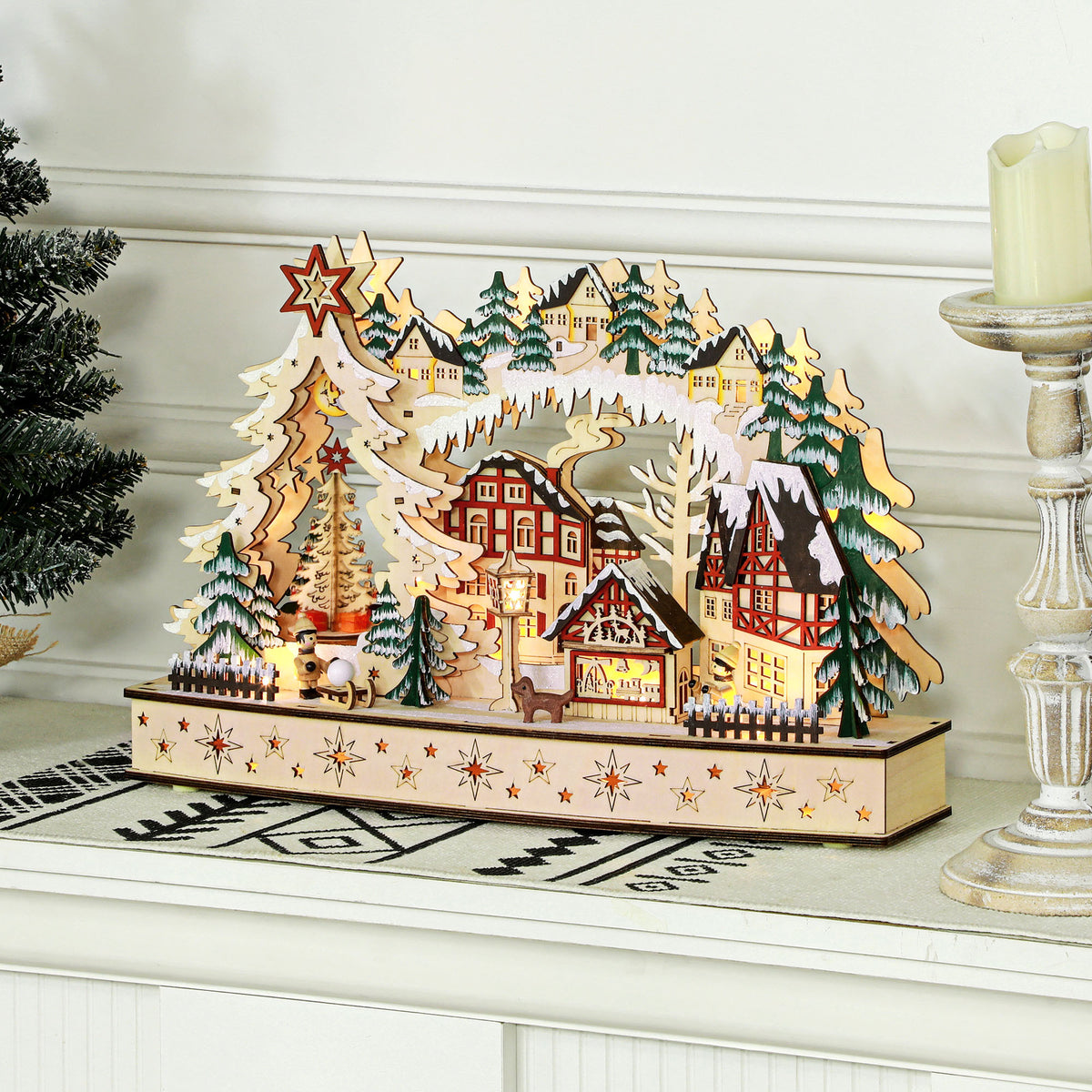 Christmas village in a winter wonderland, 20 LED lights, multi-layered, natural wood, 45 x 12 x 30 cm (2)
