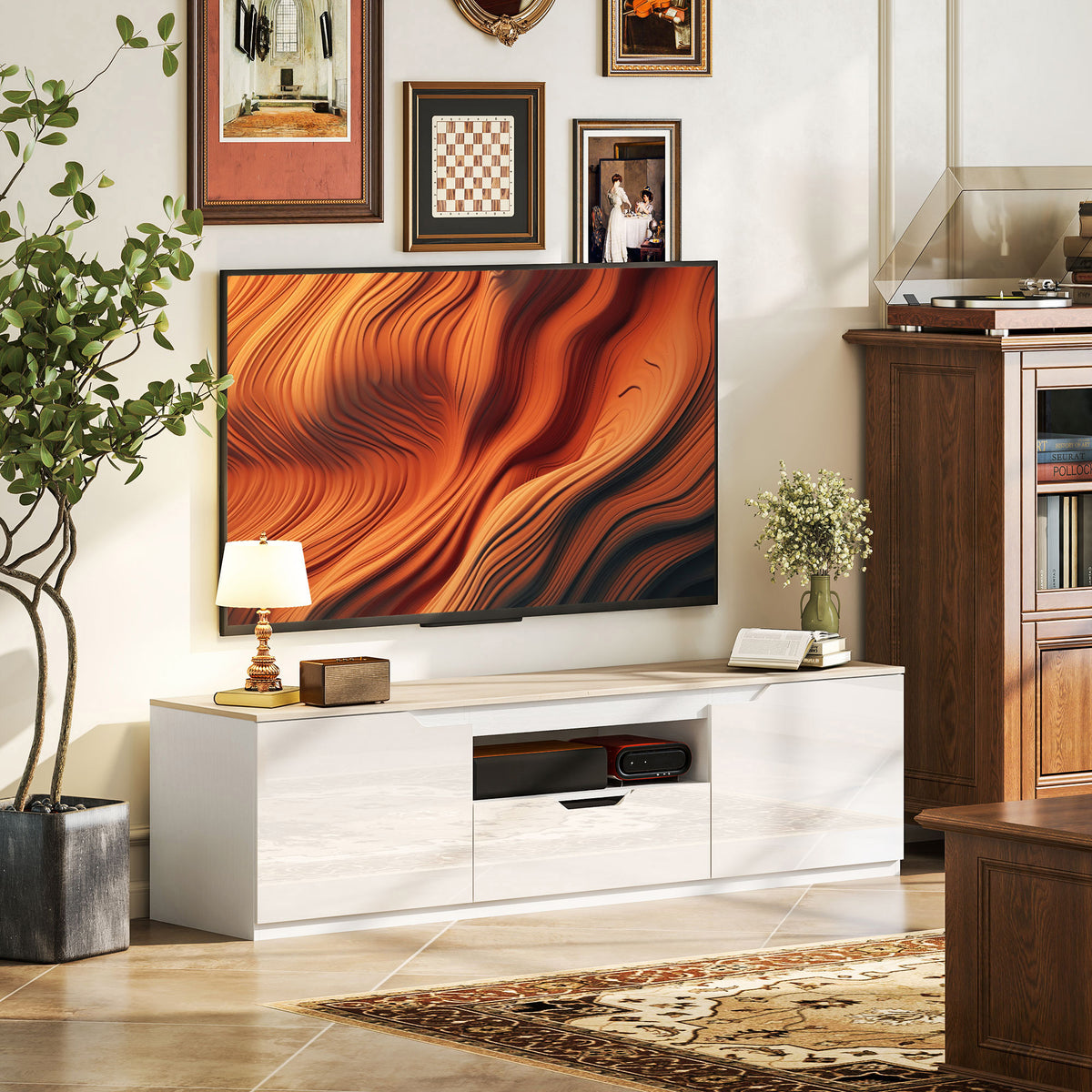 TV lowboard, high-gloss, for TVs up to 65'', 3 compartments, drawer, 160 x 38 x 43 cm, natural wood (2)