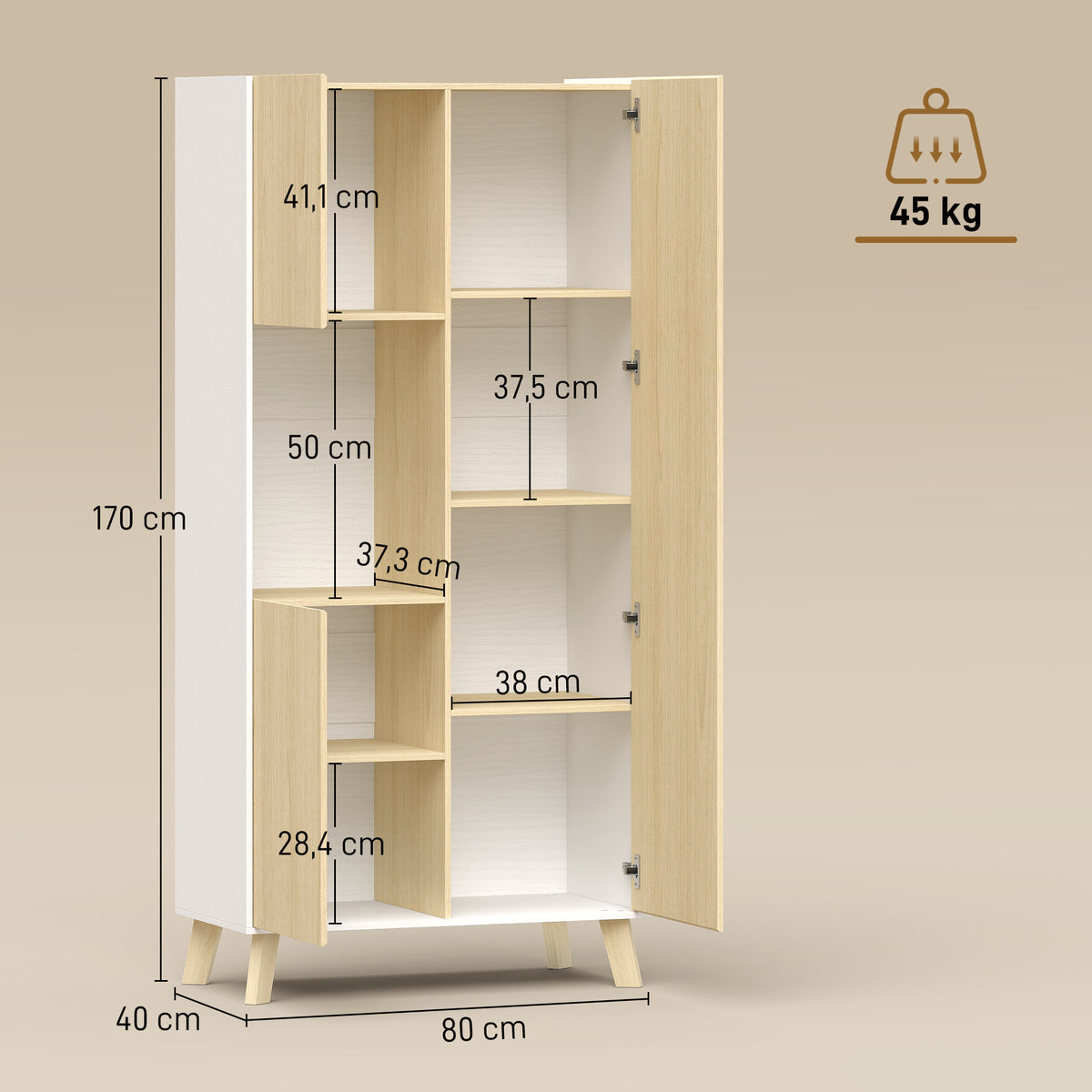 170 cm kitchen cabinet, modern cabinet with open compartment, adjustable shelves, natural wood look (3)
