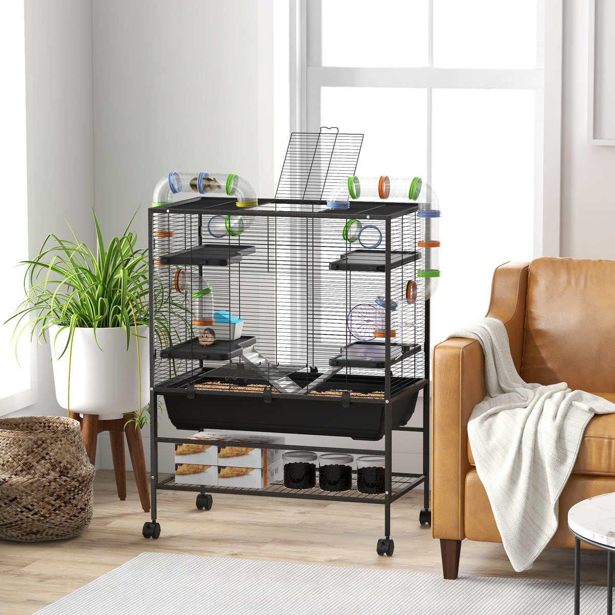 Hamster cage with tubes, exercise wheel, small house, water dispenser, storage shelf, black (2)