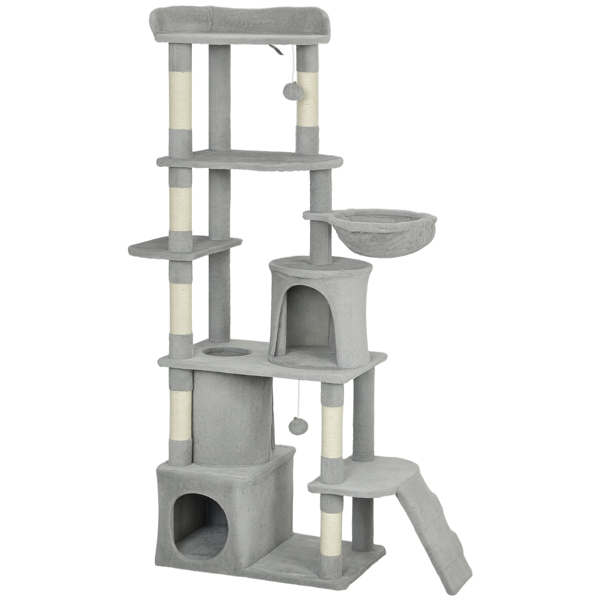 Cat tree, 170 cm, tunnel, caves, large base, sisal posts, light gray