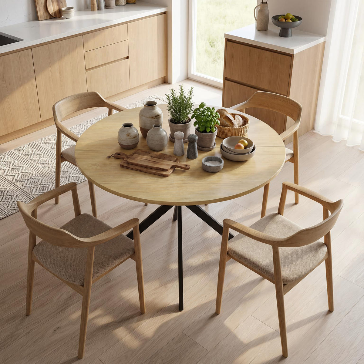 Round dining table for 4 people, industrial style kitchen table with steel legs, for dining room, kitchen, oak (2)