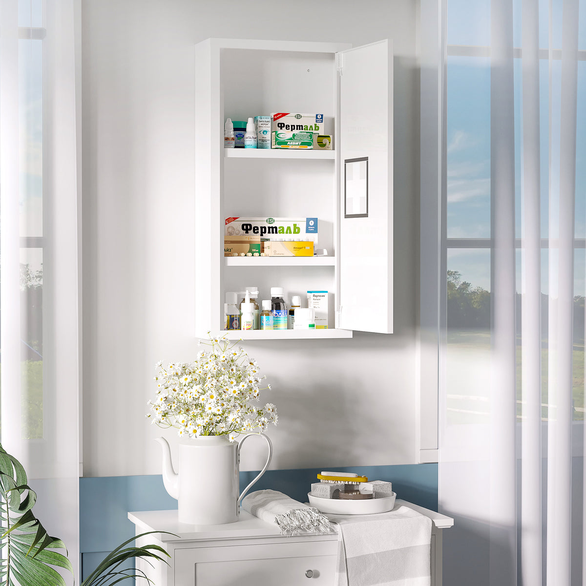 Medicine cabinet, 3 interior compartments, magnetic lock, cross symbol, steel housing, white, 30 x 12 x 60 cm (2)