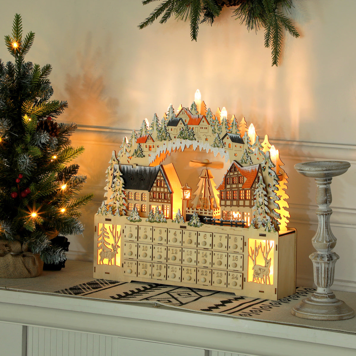 Advent calendar, Christmas village, 18 LEDs, 24 drawers, reusable, 45 x 9 x 42.5 cm (2)