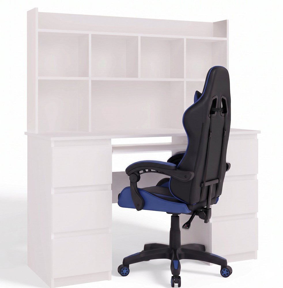 Schreibtisch KUBA MIT AUFSATZ WEISS + Sessel REMUS BLAU Set 6 Schubladen