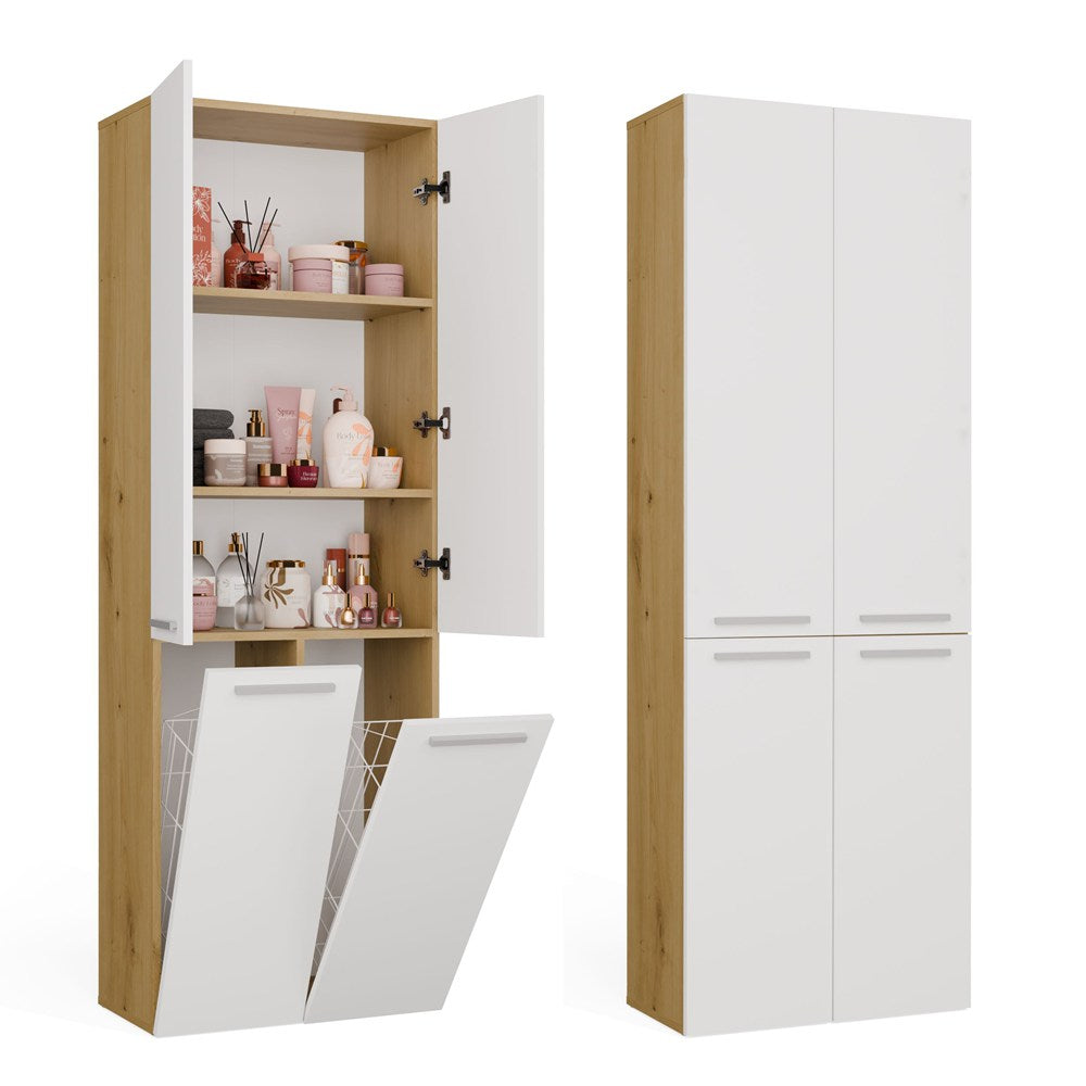 Badezimmerschrank NEL 2K DD Regal Hochschrank 2 Wäschekörbe WEISS EICHE ARTISAN