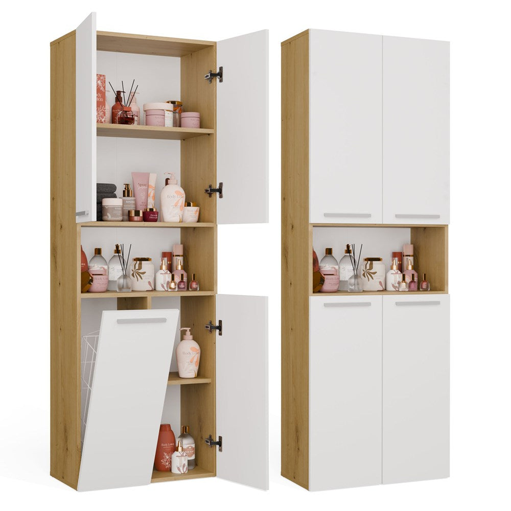 Badezimmerschrank NEL 1K DK Regal Hochschrank mit Wäschekorb EICHE ARTISAN / WEISS