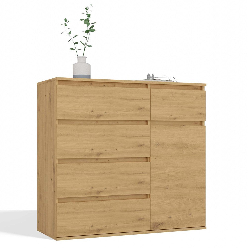 KOMMODE 1D5S Schrank 1 Tür 5 Schubladen für Wohnzimmer Schlafzimmer Zimmer EICHE ARTISAN