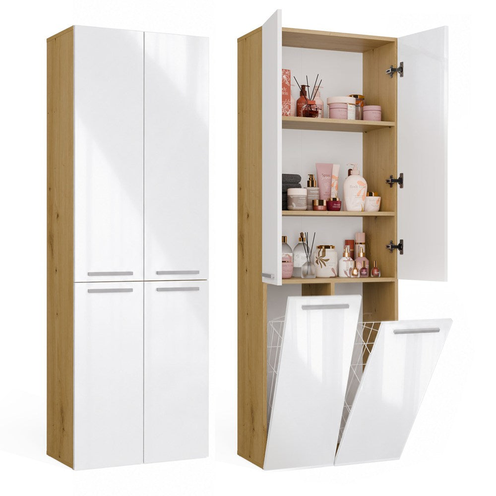 Badezimmerschrank NEL 2K DD Hochschrank 2 Wäschekörbe WEISS HOCHGLANZ EICHE ARTISAN