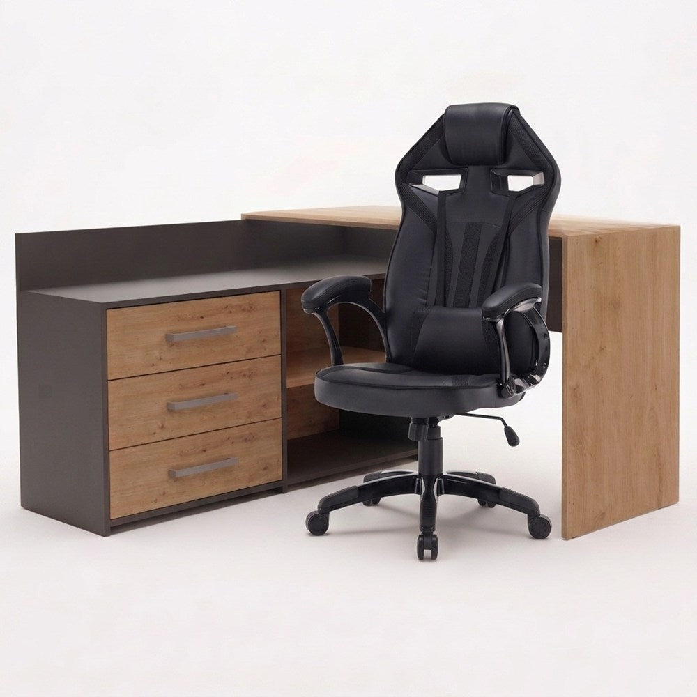Set ECKSCHREIBTISCH DANY ANTHRAZIT / EICHE ARTISAN + Sessel DRIFT SCHWARZ