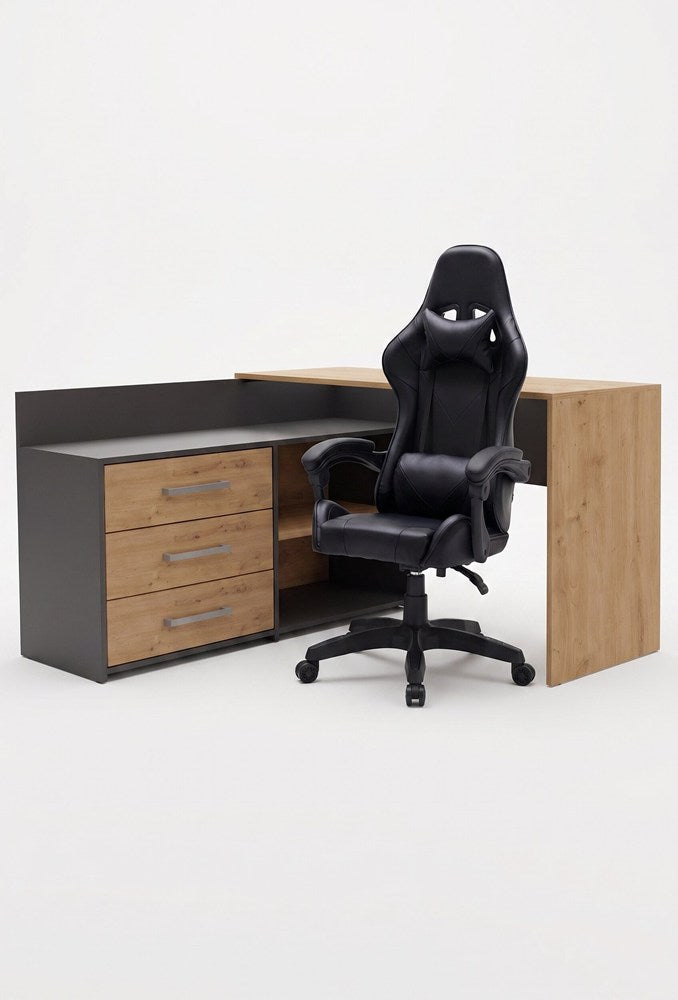Set ECKSCHREIBTISCH DANY ANTHRAZIT / EICHE ARTISAN + Sessel REMUS SCHWARZ