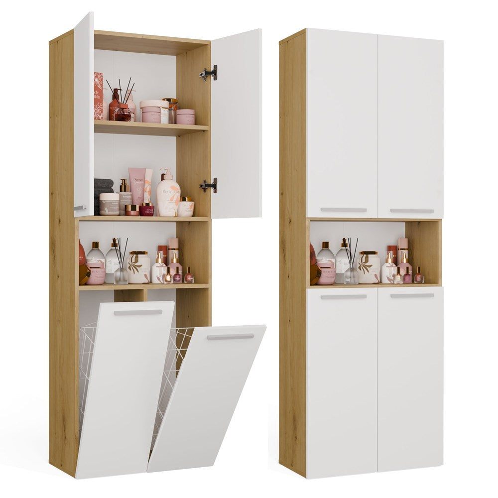Badezimmerschrank NEL 2K DK Regal Hochschrank 2 Wäschekörbe WEISS EICHE ARTISAN