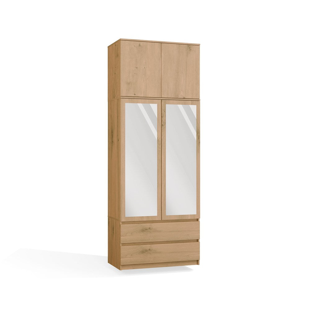 KLEIDERSCHRANK Malwa SS-90 mit Spiegel und Aufsatz EICHE ARTISAN 2 Türen 2 Schubladen fürs Zimmer