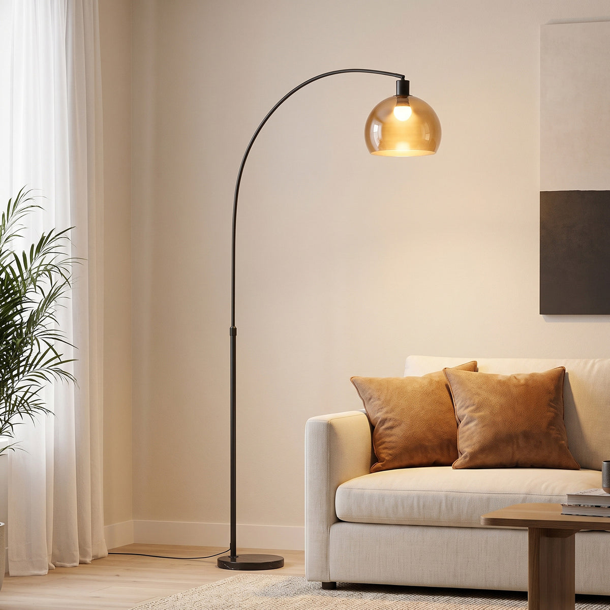 Floor lamp, curved head, foot switch, marble base, plastic shade, grey (2)