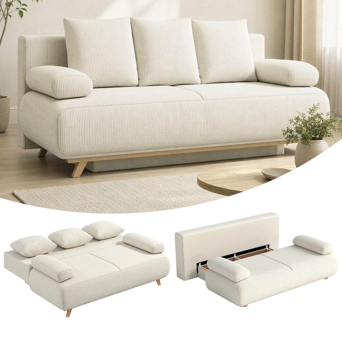 Sofa bed with adjustable backrest, bed function, hidden storage, and corduroy cover, beige (2)