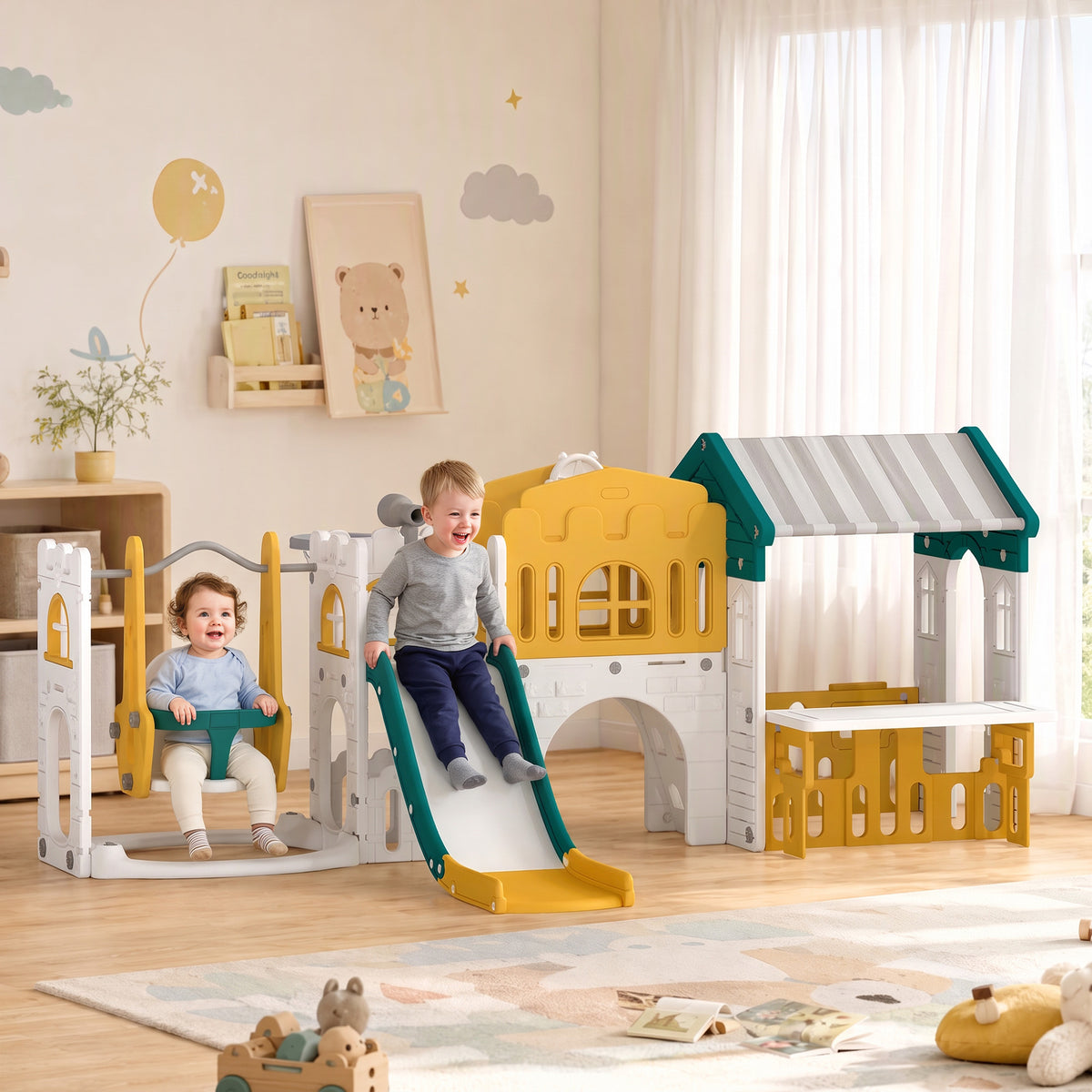 11-in-1 children's slide with swing, playhouse, garden slide with tunnel, basketball hoop, telescope, steering (2)