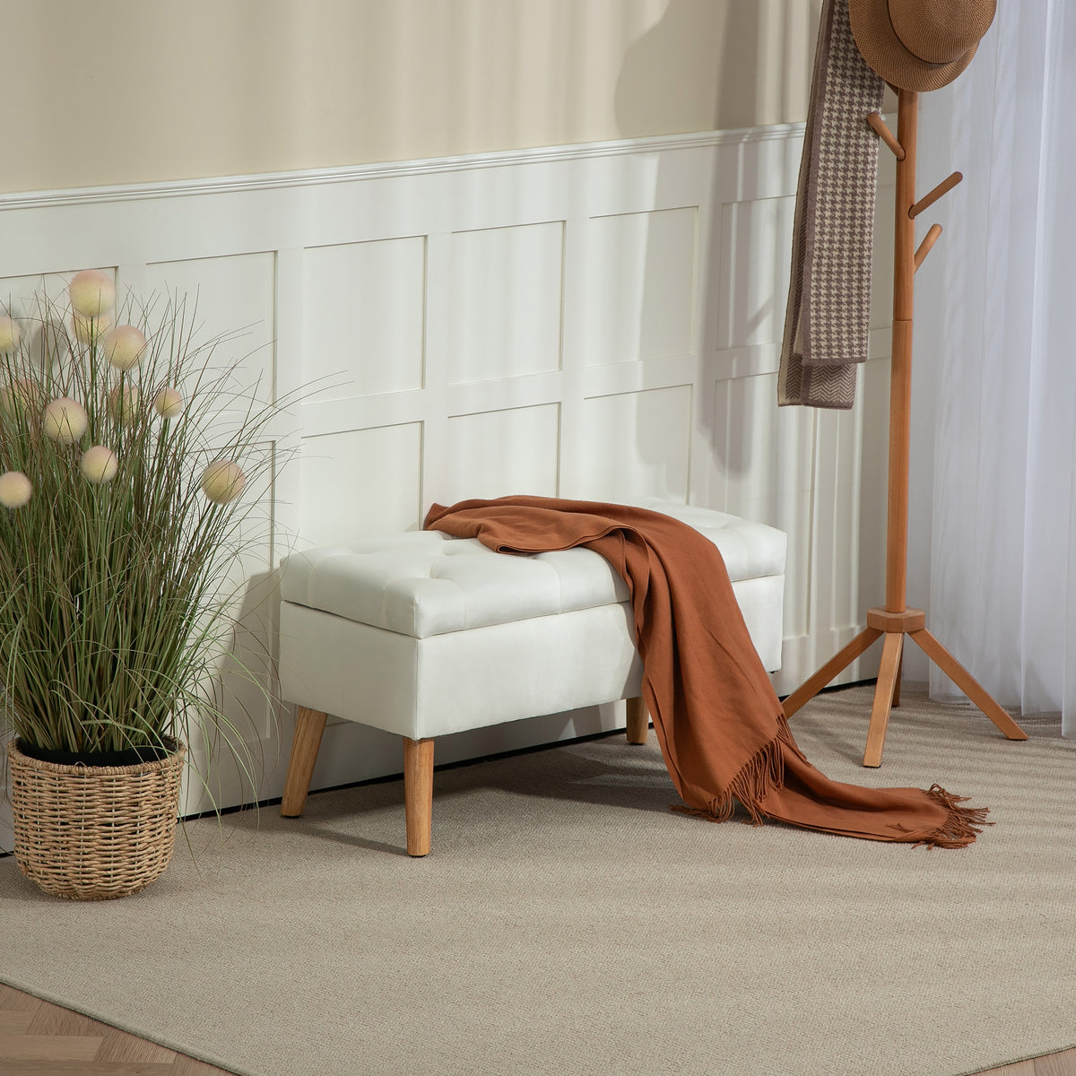 Upholstered bench with storage, velvet-look fabric cover, wooden legs, for living room, bedroom, hallway, 80 x (2)
