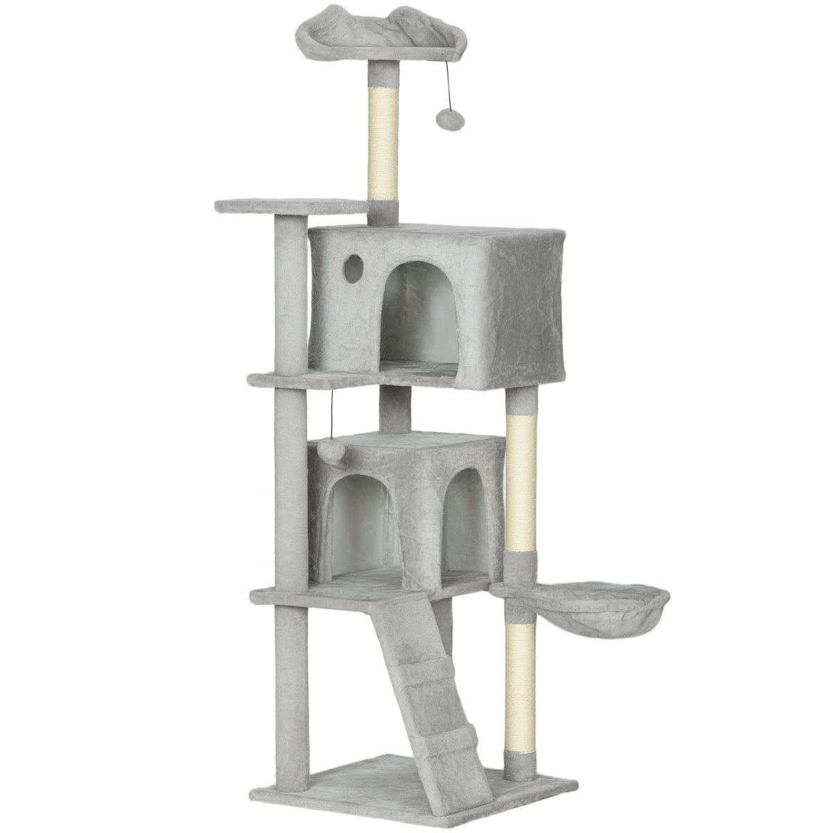 160 cm cat tree, multiple levels, sisal scratching posts, caves, plush platforms, hammock, ladder, play balls