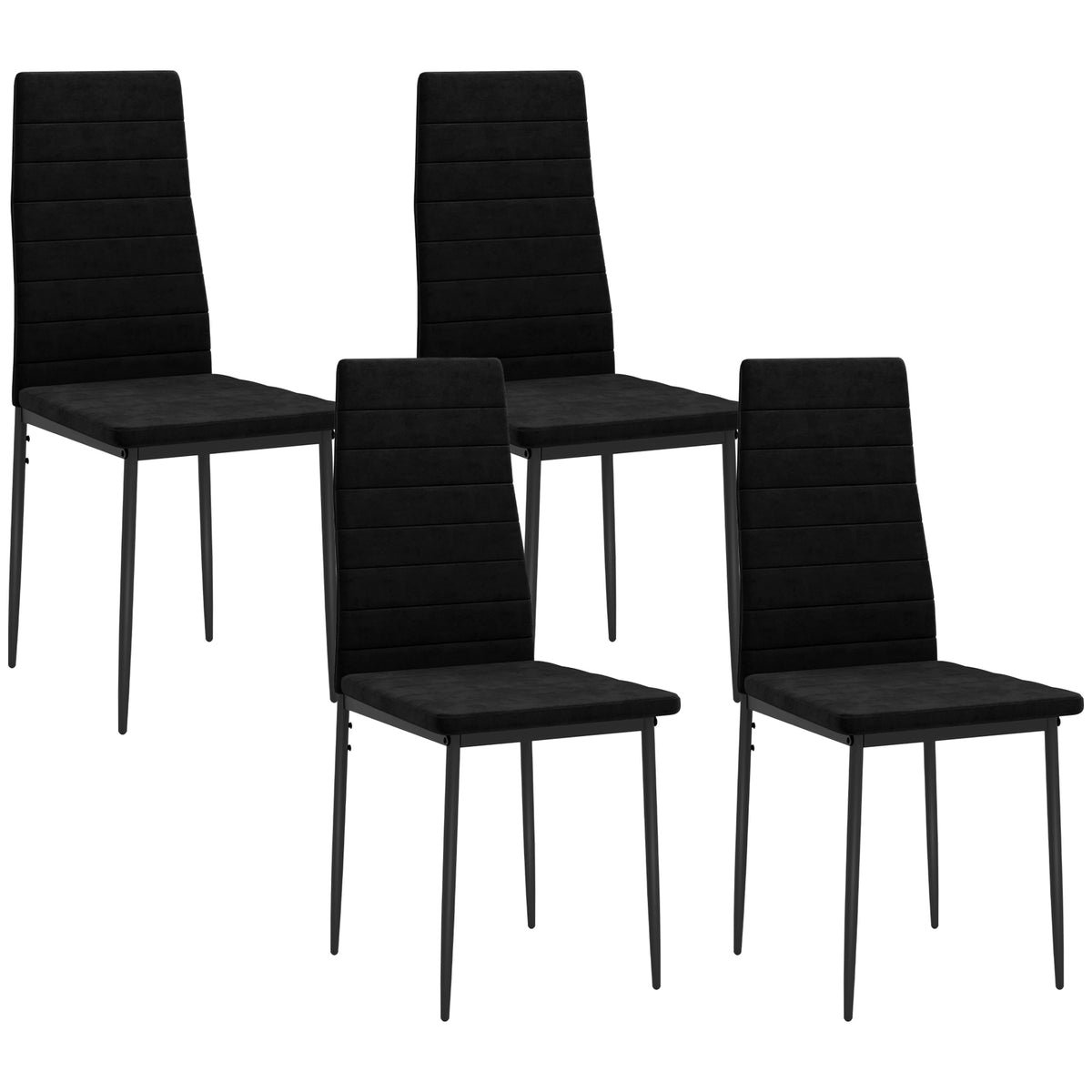 Set of 4 dining chairs, armless design, fabric upholstery, metal legs, black