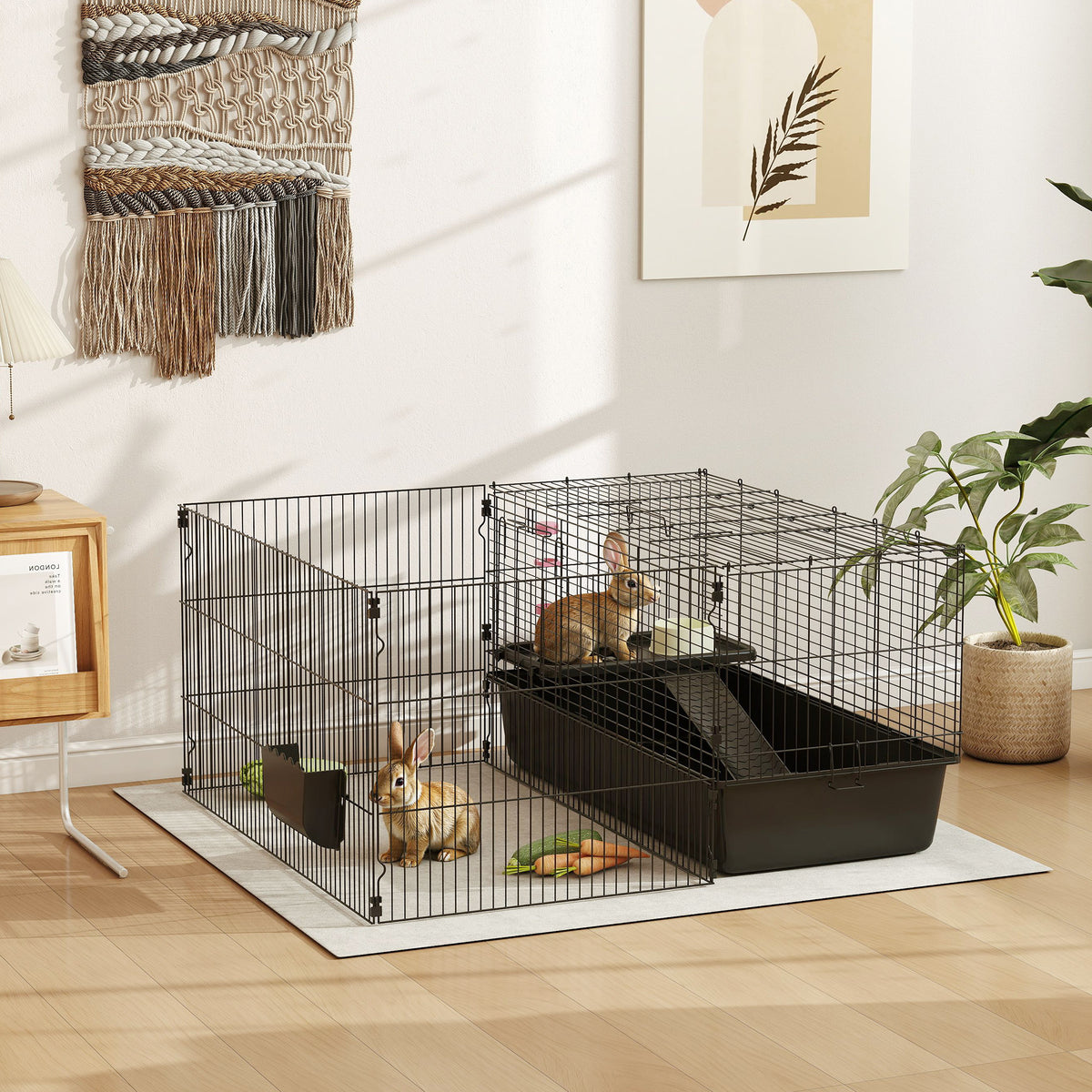 Small animal cage with detachable enclosure, playpen with hutch, incl. accessories, black (2)