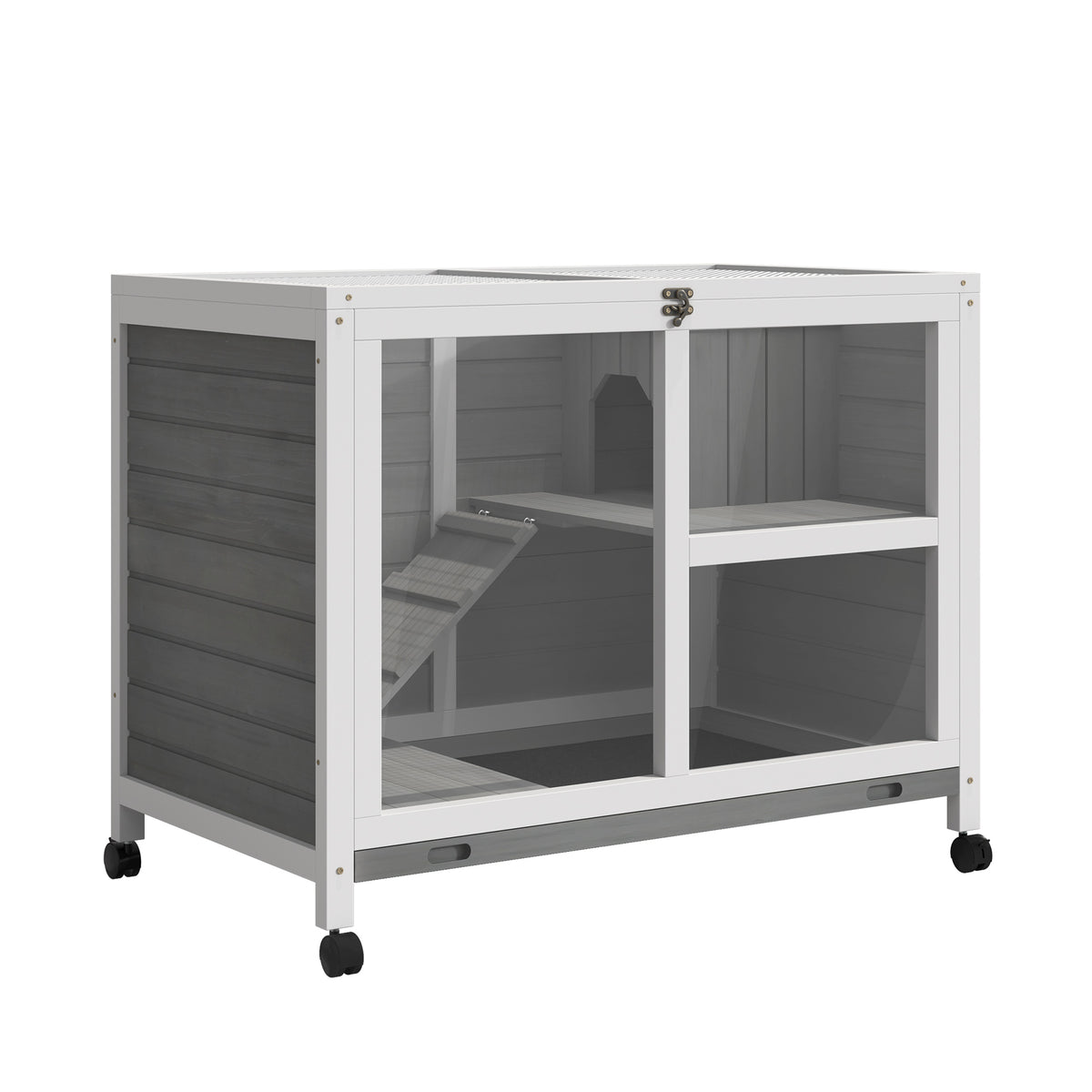 Small animal hutch with 2 levels, 4 casters, sealed fir wood, grey