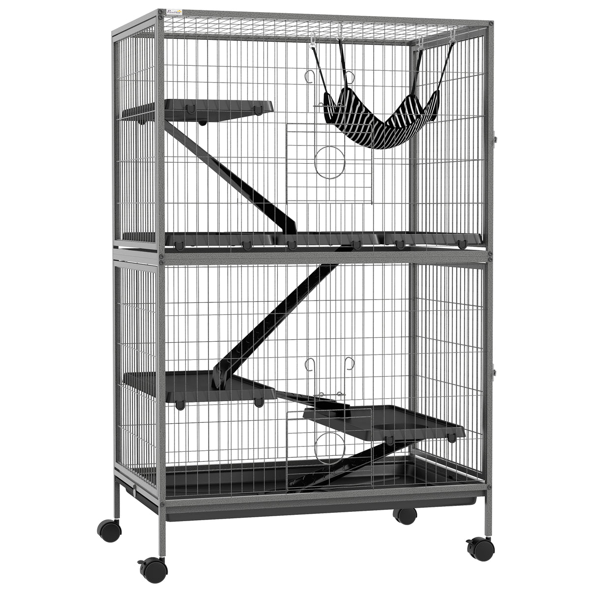 Small animal cage with hammock, rodent cage with wheels, 4-tier cage, metal, plastic, 80 x 52 x 128 cm, grey