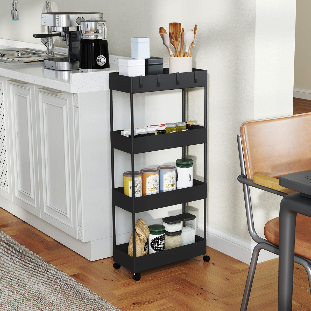 Kitchen trolley with 4 shelves, 4 flexible hooks, 4 wheels, 40 cm x 19 cm x 90 cm, slim storage cart, black (2)