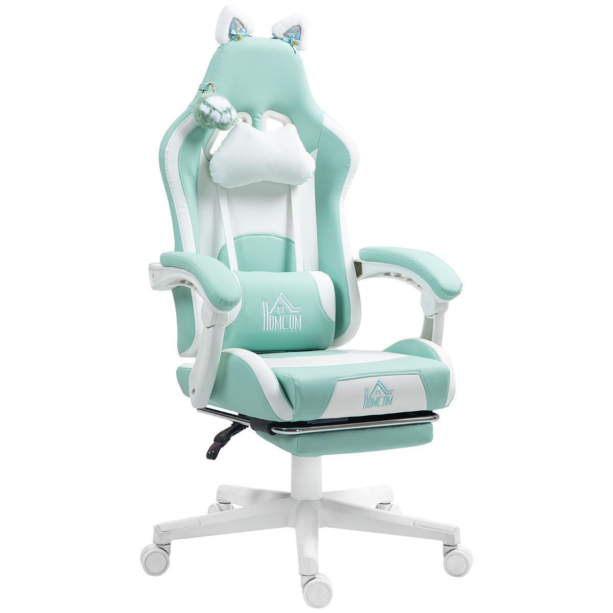 Gaming chair with cat ears, reclining backrest, retractable footrest, load capacity up to 120 kg, tiffany blue