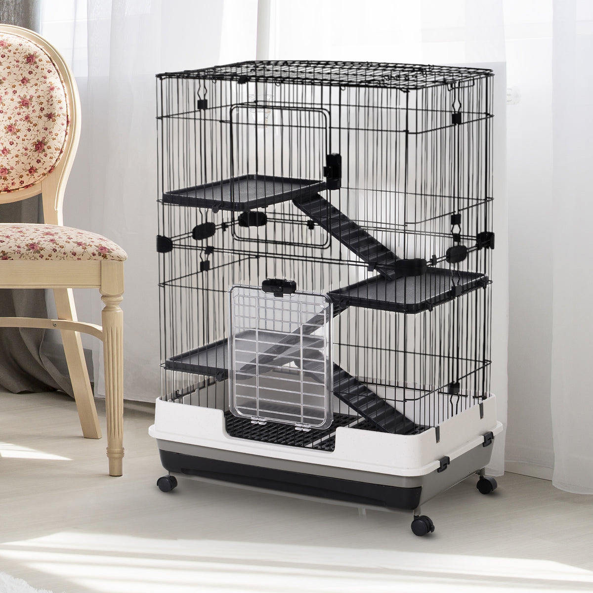 Small animal cage with 4 wheels, 3 openings, 2 platforms, metal, black, 81.2 cm x 52.7 cm x 110 cm (2)