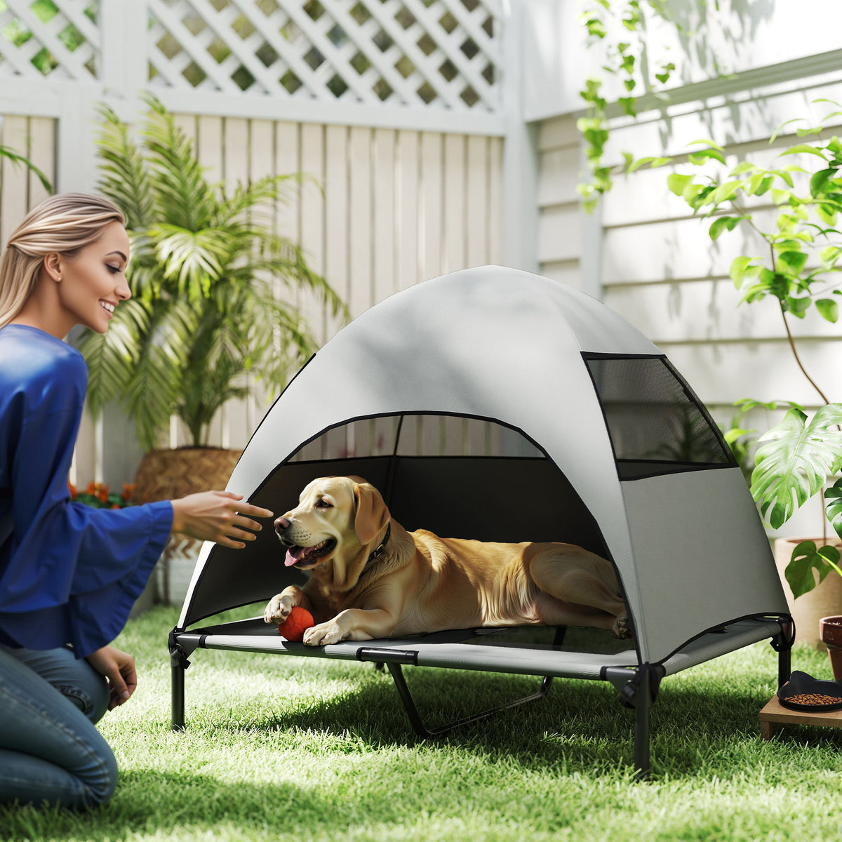 Outdoor Dog Cot with Canopy, Elevated Dog Bed for Large Dogs, 91 x 76 x 90 cm, Light Gray (2)