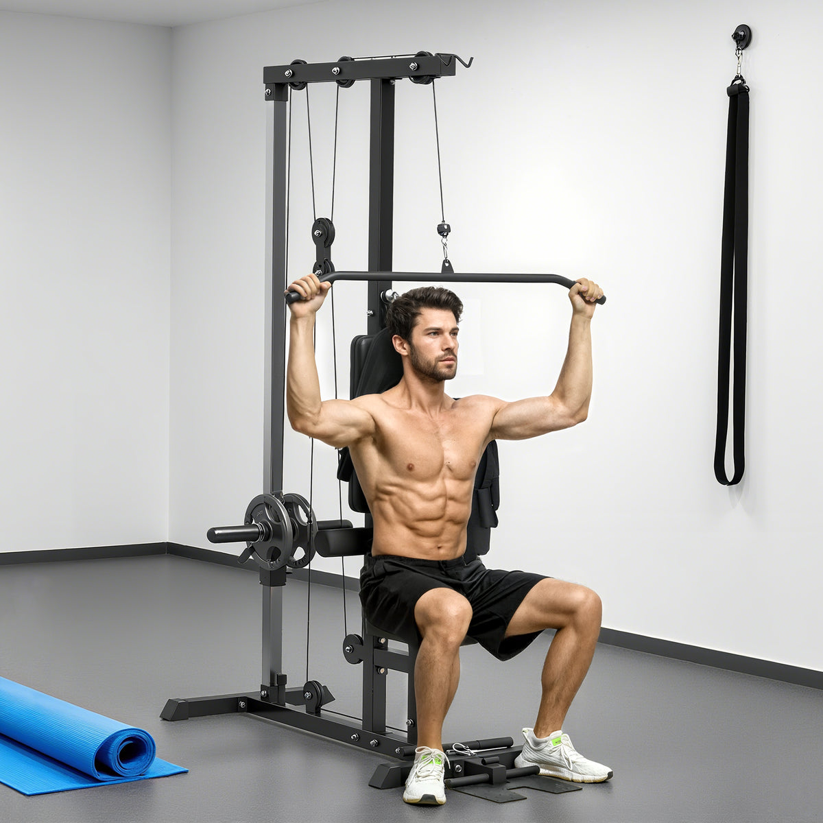 Home gym station, rowing pulls, weightless, home fitness equipment, steel, synthetic leather, black (2)