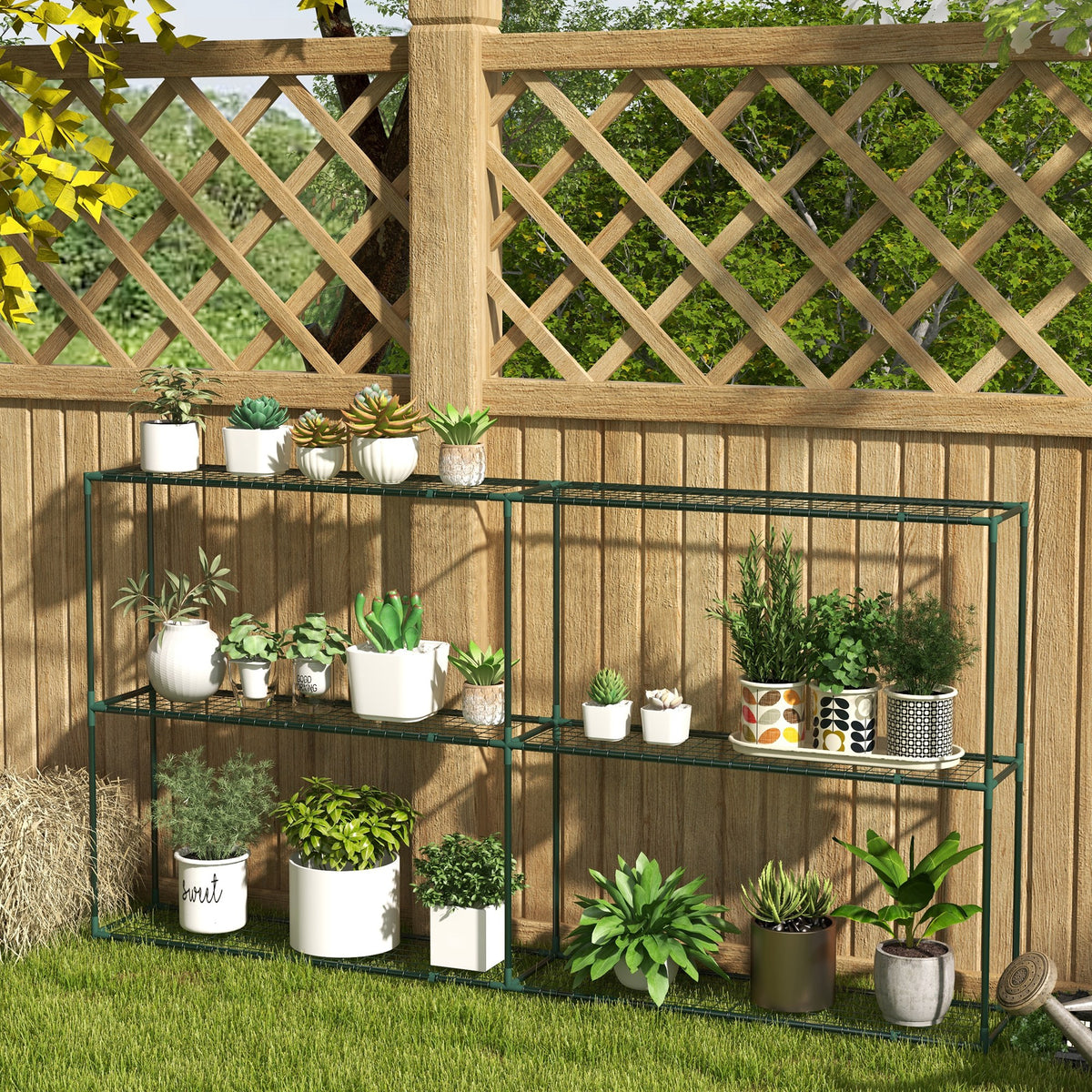Three-tier flower stand, plant shelf for greenhouses, sheds, garages, 222x30x114 cm, dark green (2)