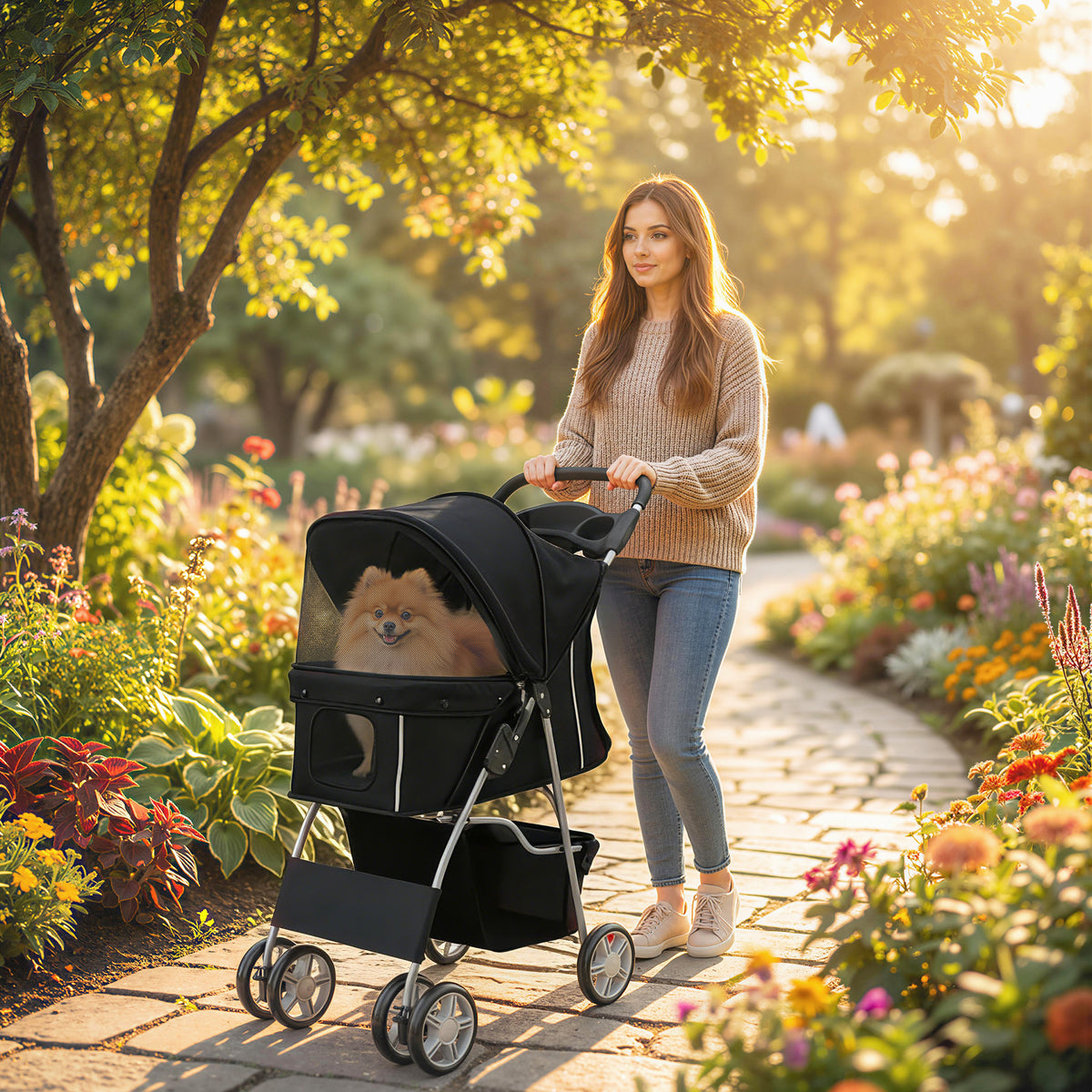 Foldable Dog Stroller Pet Buggy with Reflective Strips Storage Basket Cushion for Small Dogs up to 10 kg (2)