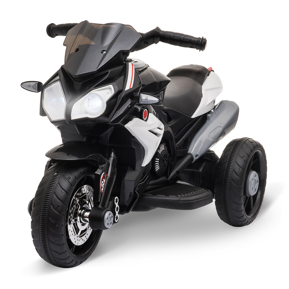 Electric ride-on motorcycle for kids, lights & sounds, 3 km/h, rechargeable, plastic & metal, black/white