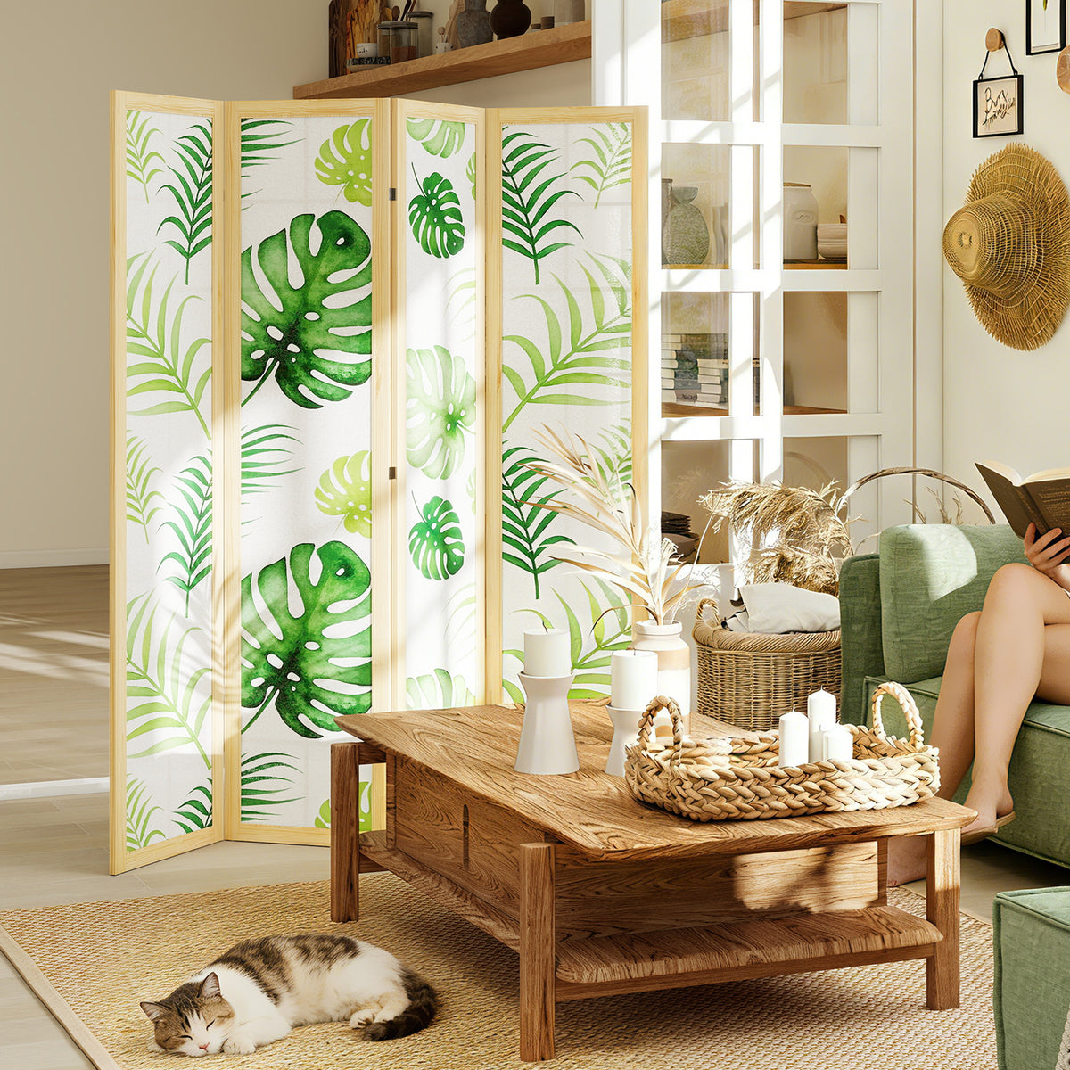 4-panel room divider, foldable, boho design, tropical motif, freestanding partition, wooden frame, green (2)