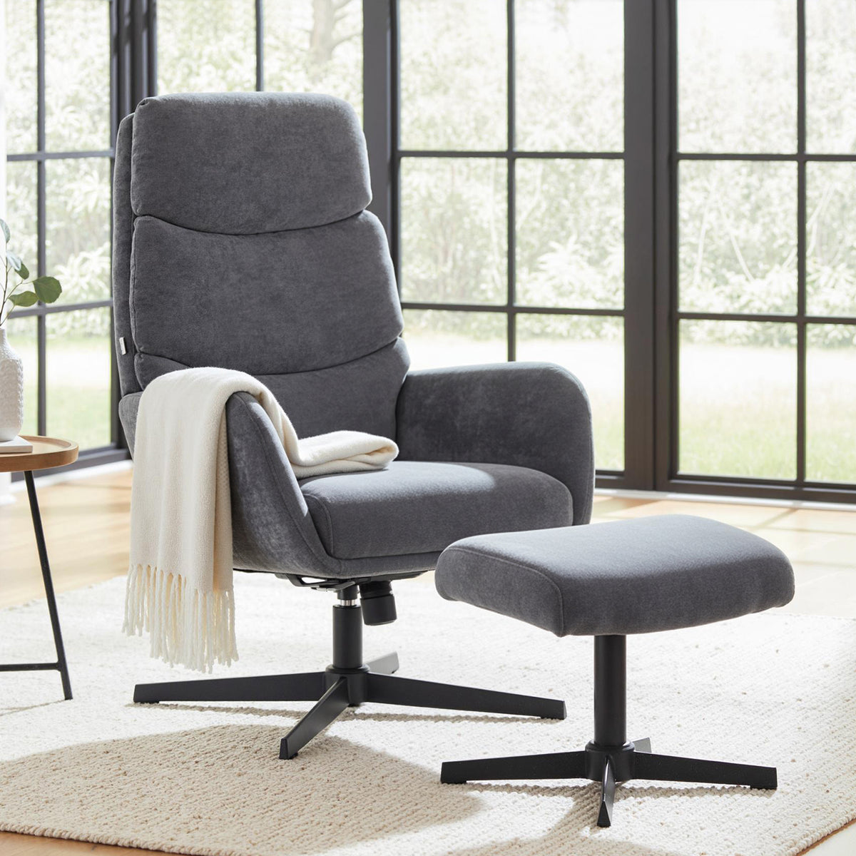 Upholstered armchair with footstool, lounge chair with high backrest, metal base, for living room, bedroom, grey (2)