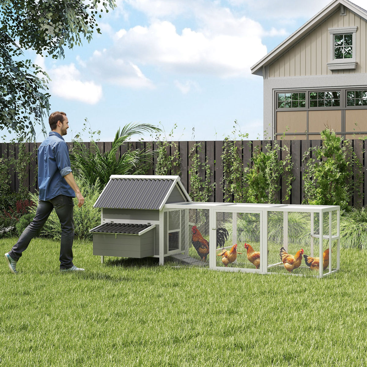 Large chicken coop for 7-10 chickens, perches, swing, window, nesting boxes, wire mesh, gray (2)
